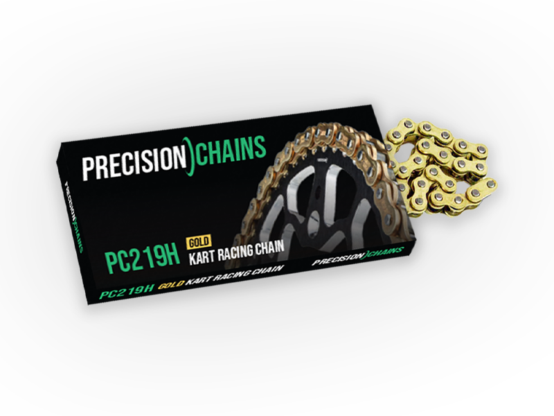 Precision Chains Gold Kart Racing Chain (PC219H) partially extended from black and green packaging, designed for high-performance karting.