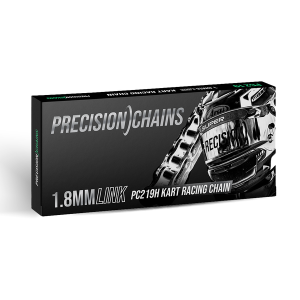 Box of Precision Chains kart racing chain on a white background