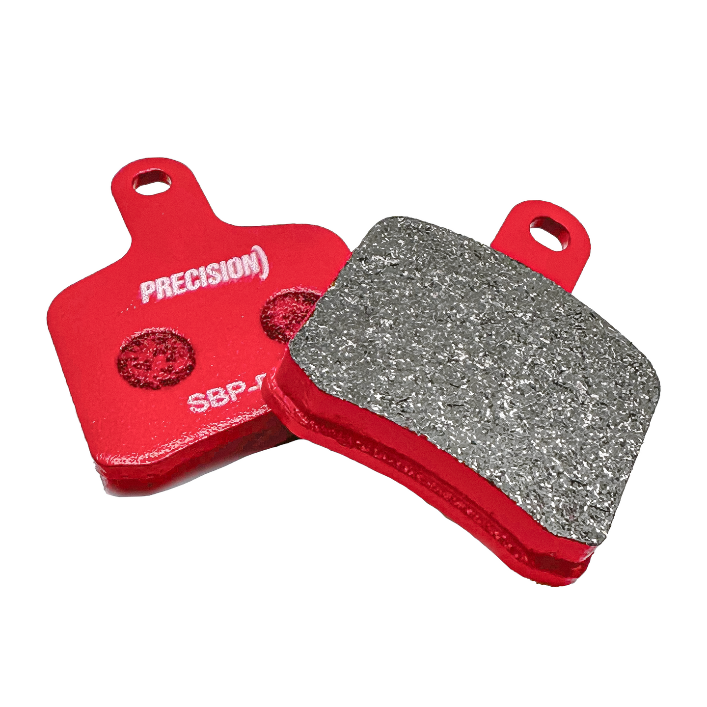 Red and silver brake pads with 'Precision' branding on a white background