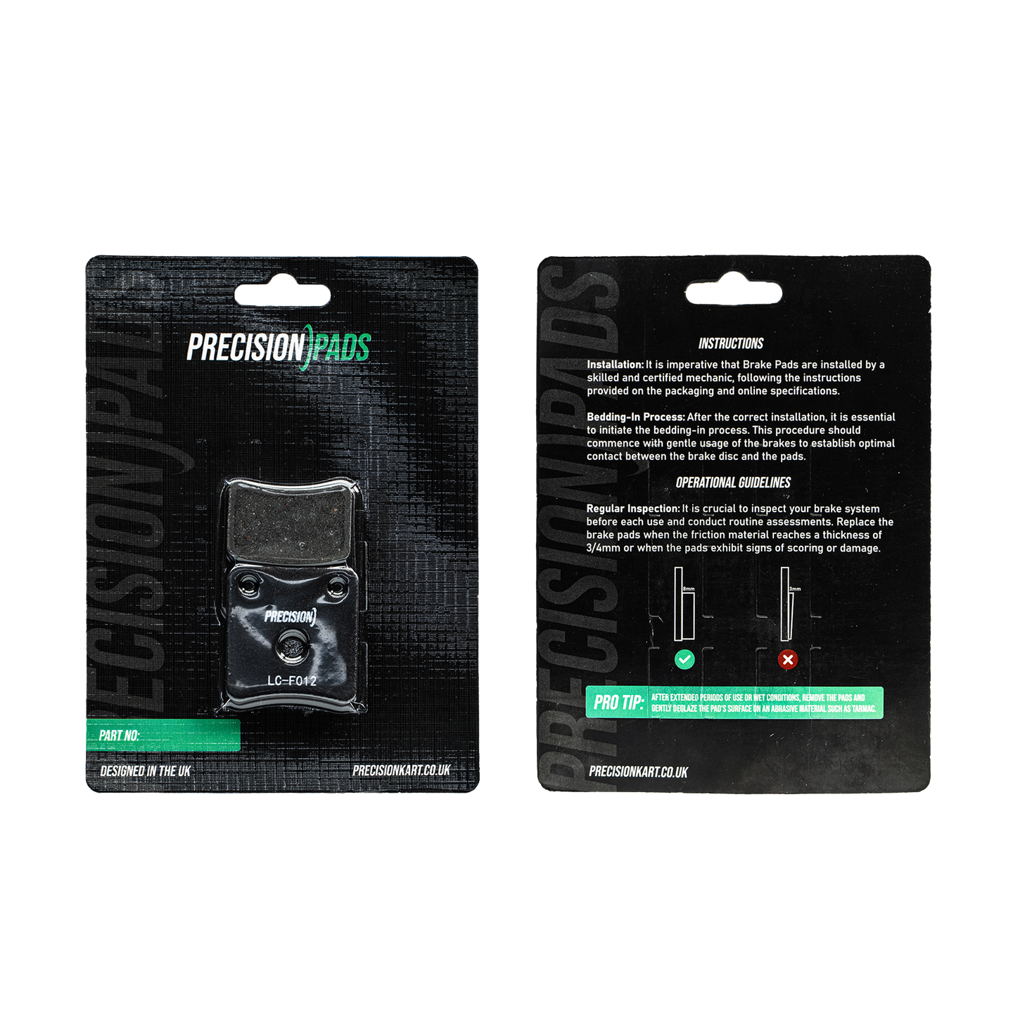 Packaging of Precision Brake Pads for KR Cadet Kart Brake System, displaying front and back views with installation and operational guides