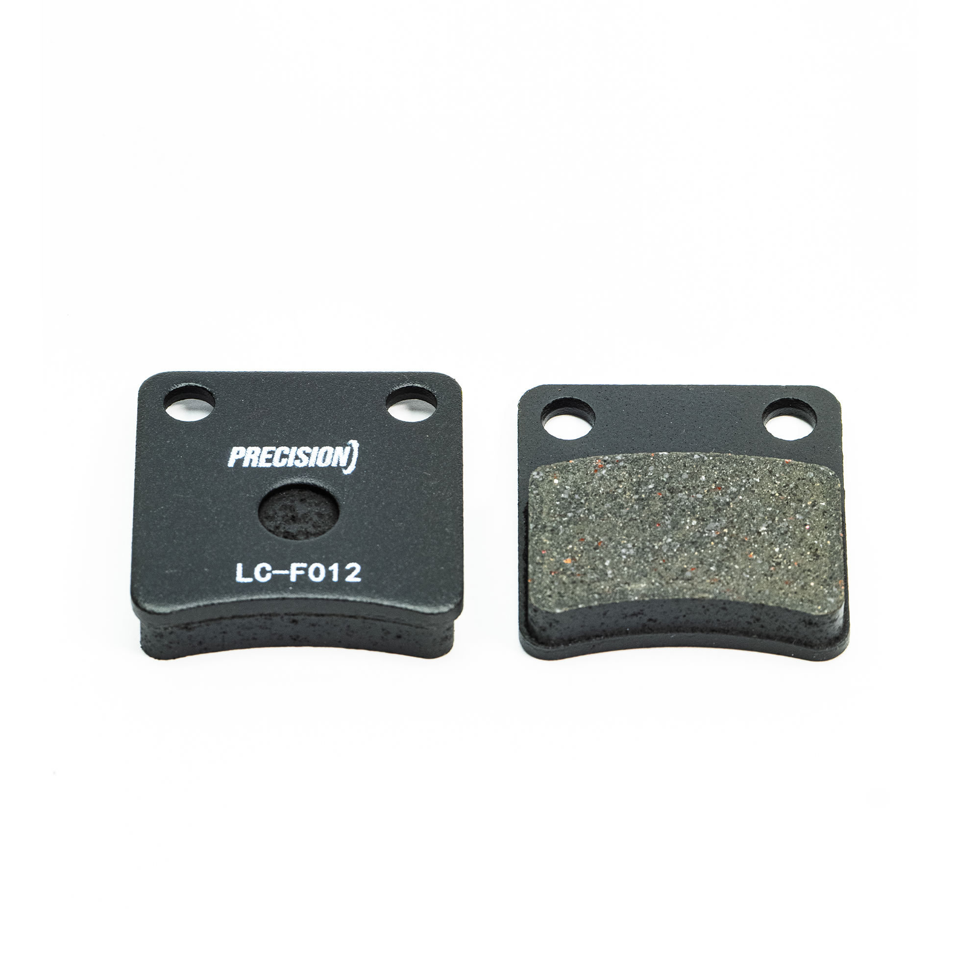 Two Precision Brake Pads for KR Cadet Kart Brake System, One showing the branded back and the other the textured friction surface